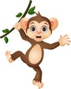 Cute little monkey cartoon hanging on tree branch Royalty Free Stock Photo