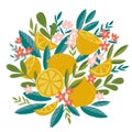 Blooming lemon tree in hand drawn style. Vector design element isolated on the white background. Tropical fruit decor