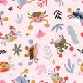 Baby fabric design with crabs and sea plants on the pink background. Sea repeated print for kids design. Vector seamless pattern