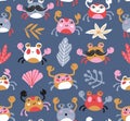 Fabric design with crabs and sea plants. Sea repeated print for kids design. Vector seamless pattern