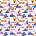 City cars, tractors and publish vehicles transport.Vector seamless pattern. Traffic jam. Cute baby boy design for fabric, wallpape