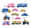 City cars and vehicles transport vector flat icons set. Car vehicle, publish transport and tractor isolated on the white backgroun