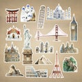 Collection of architectural landmarks painted by watercolor Royalty Free Stock Photo