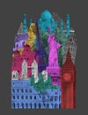 Collection of architectural landmarks painted by watercolor Royalty Free Stock Photo