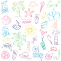 Colorful Hand Drawings of Summer Vacancies Symbols. Doodle Boats, Ice cream, Palms, Hat, Umbrella, Jellyfish, Cocktail, Sun.