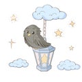 Cute cartoon bird seeting on a lantern in the night sky. Royalty Free Stock Photo