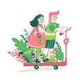 Young couple riding a scooter. Love print design for t-shirt, poster or love card. Vector cute illustration for Valentines day Royalty Free Stock Photo