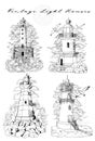 Design set of old medieval lighthouses isolated on white.