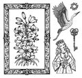 Design set with princess, stork and lily flower isolated on white.