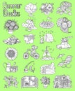 Design set with summer icon drawings of gardening, camping objects, cottage house, flowers Royalty Free Stock Photo