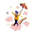 Dreamer flying umbrella. Relax card design. Vector cute office worker walking on pink clouds