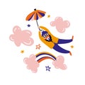 Dreamer flying umbrella. Relax card design. Vector office worker walking on pink clouds