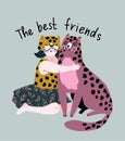 Friendly poster design with leopard and girl. Hugs and love. Vector print design for t-shirt.