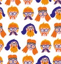 Funny cute hippies portraits. Vector festival print. Seamless pattern design with hand drawn stylish faces