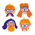 Funny set of cute hippies portraits. Vector avatars for festival. Hand drawn faces Royalty Free Stock Photo