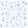 Hand Drawn Scribble Symbols and Speech Bubble on a Sheet of Copybook in a Cage. Doodle Style.