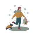 girl walks with her dog and with shopping
