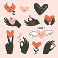 Hands gestures with heart isolated on pink background. Vector illustration. Gestures of love and happiness