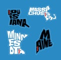 Louisiana, Massachusetts, Minnesota and Maine state names distorted into state outlines. Royalty Free Stock Photo