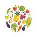 Organic fruits and vegetables round composition. Royalty Free Stock Photo