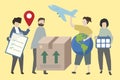 People showing methods of worldwide shipping with various symbols illustration