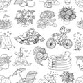 Seamless pattern with black and white drawings, summer holidays, camping, gardening objects
