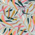 Seamless pattern with cute Eucalyptus tree branches with green and pink leaves on the grey background. Vector illustration. Royalty Free Stock Photo