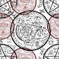 Seamless pattern with magic seals and mystic symbols on white. Royalty Free Stock Photo