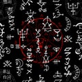 Seamless pattern with red magic seal and alchemy signs on black background.