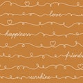 Seamless pattern with scribble and words: love, happiness, friends, sunshine.