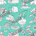 Seamless pattern with summer lettering, camping concept, ice cream, girl riding bicycle