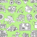 Seamless pattern with summer objects on green, picnic, camping, gardening concept