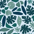 Seamless pattern with tropical leaves. Beautiful print with hand drawn exotic plants. Fashion botanical fabric design.