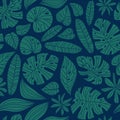 Seamless pattern with tropical leaves. Beautiful print with hand drawn exotic plants. Fashion botanical fabric design.