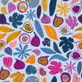 Seamless pattern with tropical leaves and fruits. Beautiful print with hand drawn exotic plants and figs. Fashion botanical fabric