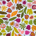 Seamless pattern with tropical leaves and fruits. Beautiful print with hand drawn exotic plants and figs. Fashion botanical fabric