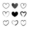 Set vector black hearts icon.Hand drawn for valentine`s day.Brush design on white background.Vector illustration. Royalty Free Stock Photo