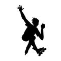 Silhouette of guy on roller skates. Guy make a stunt. Vector black and white illustration. Cutout isolated object. Royalty Free Stock Photo