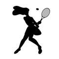 Silhouette of tennis sportswoman isolated on white background. Vector black and white illustration.