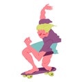 Skateboarder guy flat vector illustration. The guyÃ¢â¬â¢s driving aggressively on a skateboard.  Isolated character Royalty Free Stock Photo