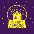 A square vector christmas image with a snow sphere. Merry christmas lettering for holiday design. Christmas icon in gold and purpl Royalty Free Stock Photo