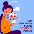 A square vector image with an infected person being in the airplane. Keep quarantine during the coronavirus