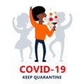 A square vector image with an infected person being on the party in the public place. Keep quarantine during the coronavirus