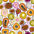Fruit endless design for fabric, wrap paper or wallpaper. Papaya, kiwi, passion fruit, dragon fruit and figs isolated on a white b