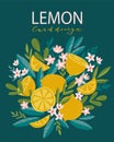 Tropical summer lemon illustration. Vector decorative card with blooming citrus tree in hand drawn style.