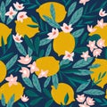 Tropical summer fruit seamless pattern. Citrus tree in hand drawn style. Vector fabric design with lemons and flowers Royalty Free Stock Photo