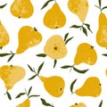 Tropical Summer Fruit Seamless Pattern. Yellow Pear In Hand Drawn Style. Vector Vintage Fabric Design