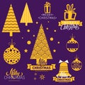 A vector christmas icons set. Merry christmas lettering with christmas trees, bells and decorative balls. Christmas icons in gold Royalty Free Stock Photo