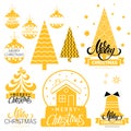 A vector christmas icons set. Merry christmas lettering with trees, bells and decorative balls. Isolated christmas icons in gold a Royalty Free Stock Photo