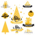 A vector christmas icons set. Merry christmas lettering with trees, bells and decorative balls. Isolated christmas icons in gold a Royalty Free Stock Photo